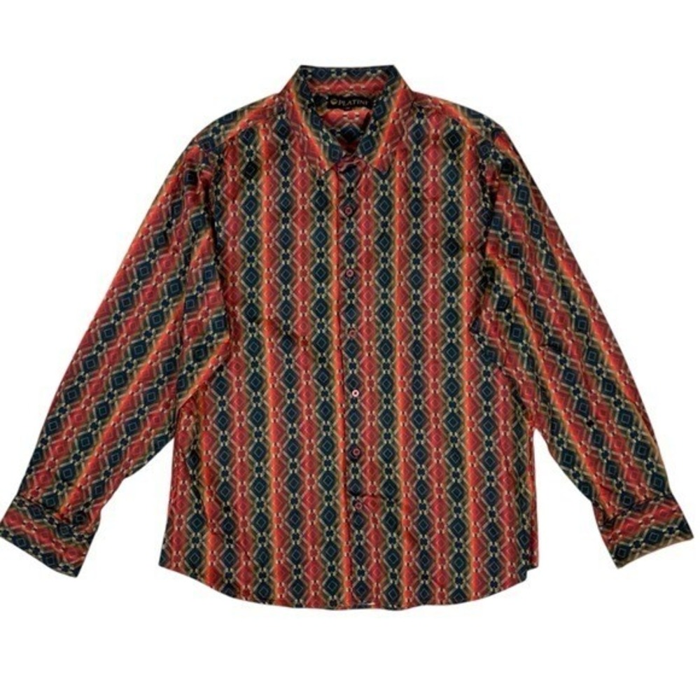 Platini Multicolor Geometric Print Button Up Shirt Long‎ Sleeve XL Western Men's